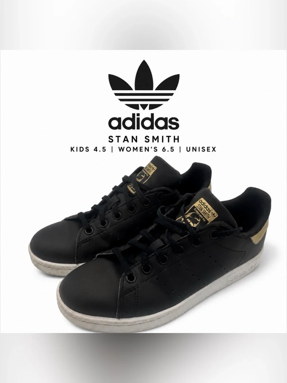 Adidas Stan Smith Kids 4.5 Black Gold Sneakers Fits Womens 6.5 Unisex Classic